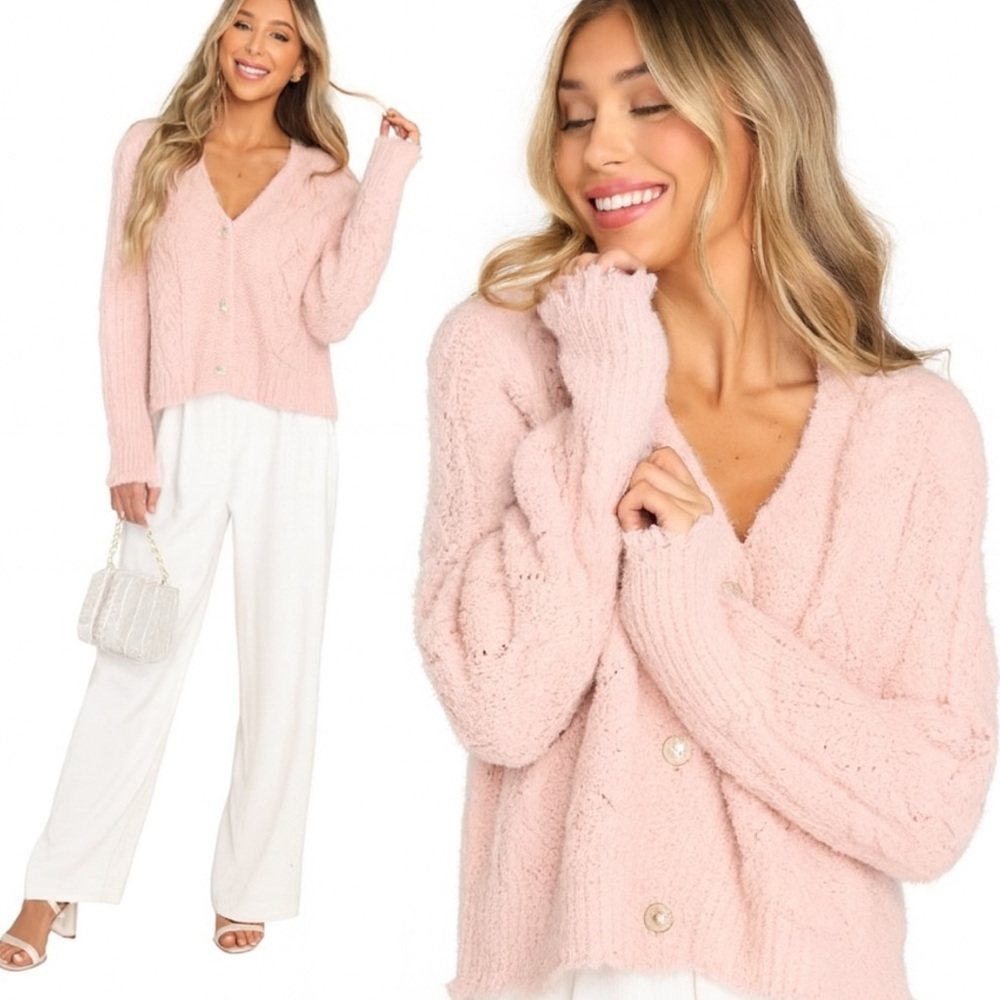 NWT! See And Be Seen Pink V-Neck Wool Blend Cable Knit Cardigan Small/Medium